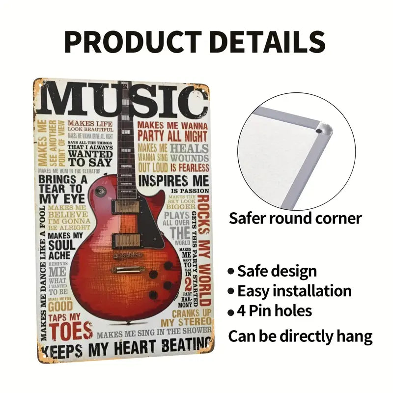 Vintage Music Guitar Metal Tin Sign Wall Decor 8x12 Inch