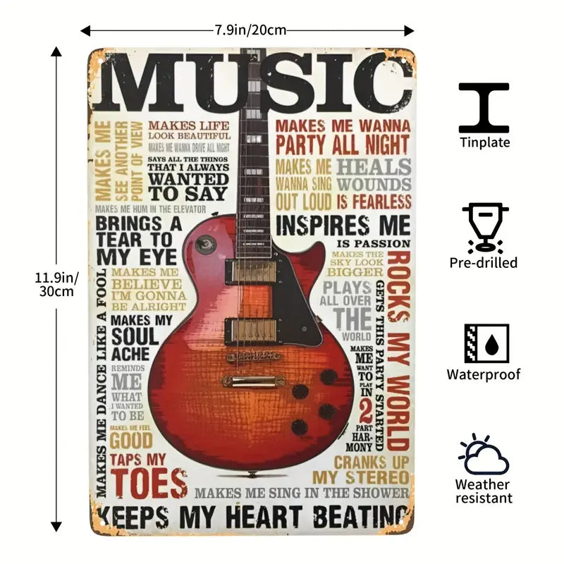 Vintage Music Guitar Metal Tin Sign Wall Decor 8x12 Inch